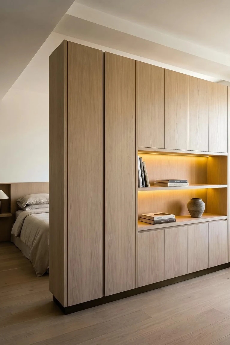 11 Micro Studio Apartment Ideas for Extremely Small Urban Spaces 12 Micro studio with a tall light-wood flat-front cabinet wall with a lit open niche, a bed tucked behind the cabinet divider
