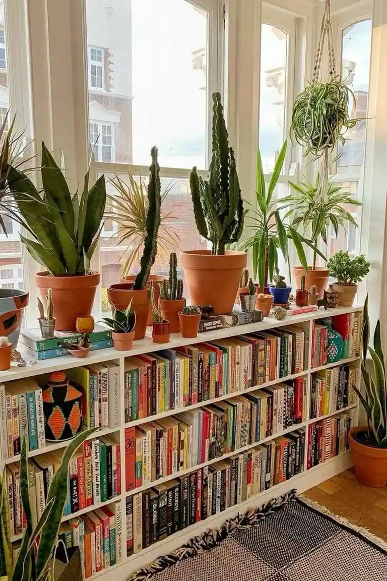 Stunning Kallax Bedroom Transformations You Need to See 12 A sunlit bay-window corner with a long low white bookshelf filled with books and topped with potted plants and cacti in terracotta pots
