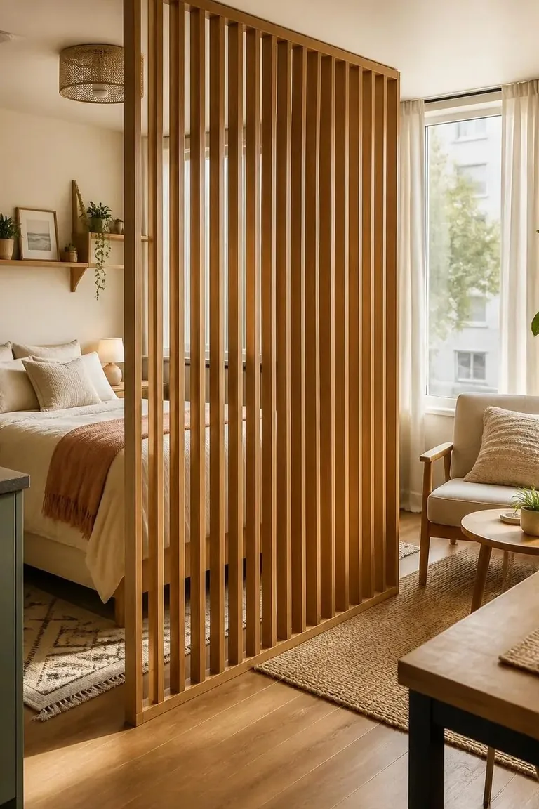 Studio corner made private with a tall wooden divider, an armchair, and a jute rug by the window