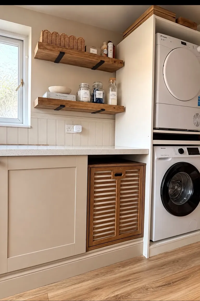 Stacked washer and dryer in a small laundry room with a sorting station beside them