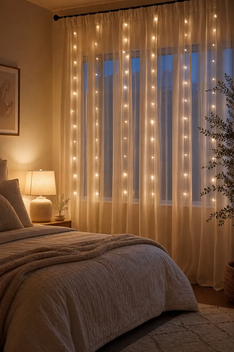 20 Renter-Friendly Bedroom Ideas for a Cozy Space Without Painting 12 Curtain fairy lights glowing behind sheer drapes beside the bed in a rental bedroom at night