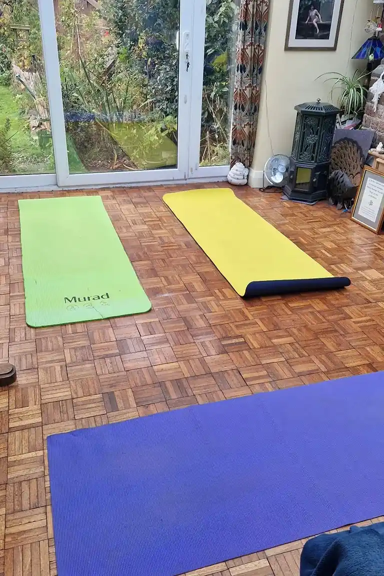 A glass-walled sunroom with parquet flooring and three yoga mats in green, yellow, and purple laid out facing garden doors