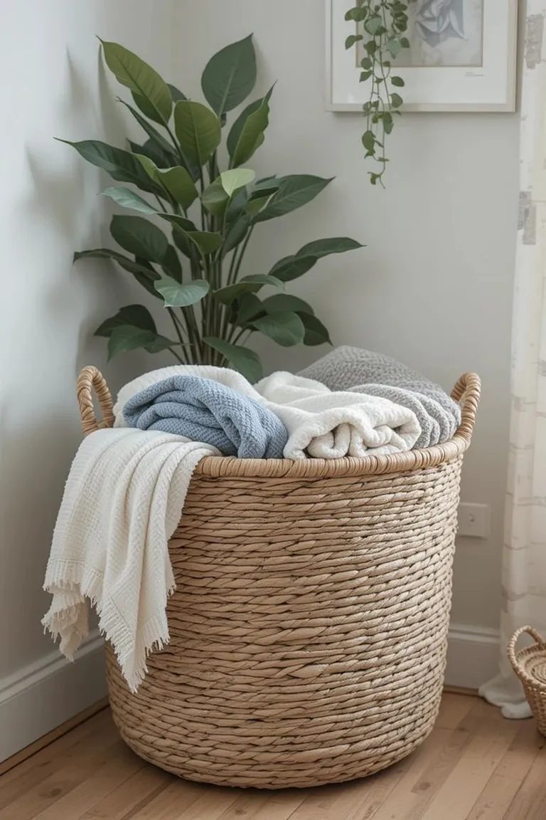 20 Renter-Friendly Bedroom Ideas for a Cozy Space Without Painting 13 Woven storage basket filled with folded blankets standing in a bright bedroom corner