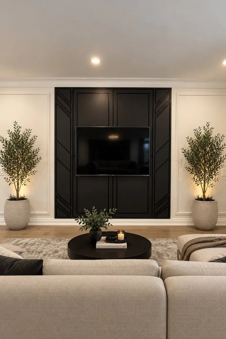 A living room with a matte black panelled charcoal accent wall with a television blending into it, a pale sofa and coffee table in front and potted trees on either side.