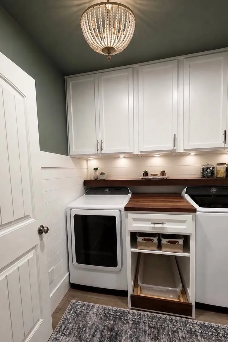 Closed white cabinets above laundry machines in a calm, tidy laundry room