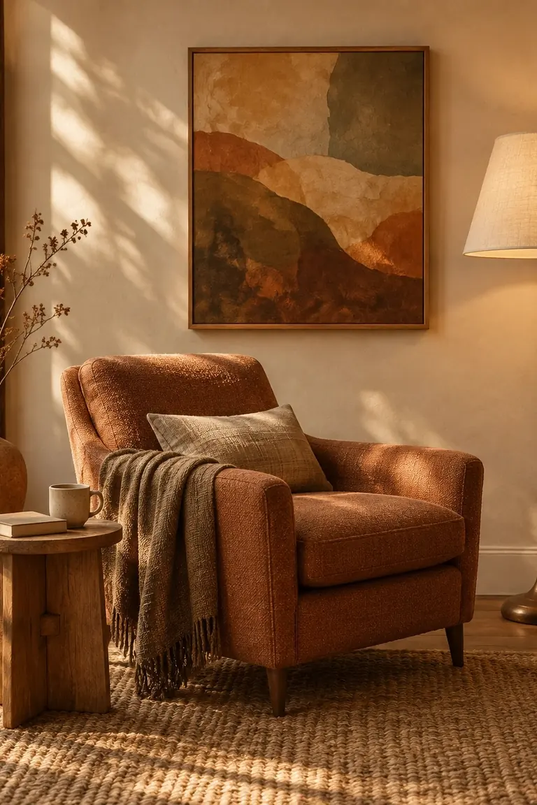 Terracotta armchair corner where the throw, cushion, rug, and lamp repeat the same warm colors