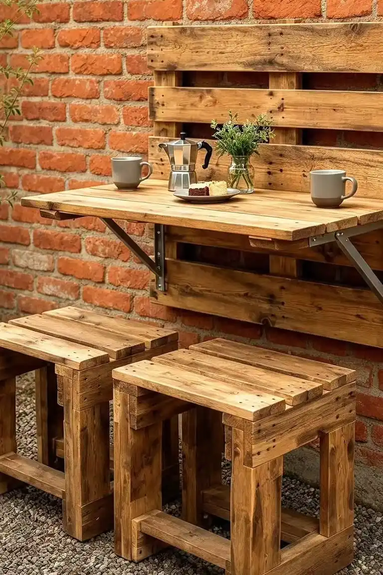 Small balcony with a fold down wall table set for morning coffee