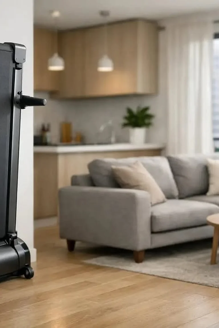 A black folding treadmill stored vertically flat against a wall in a contemporary apartment living room with a gray sofa, round coffee table, and kitchen behind