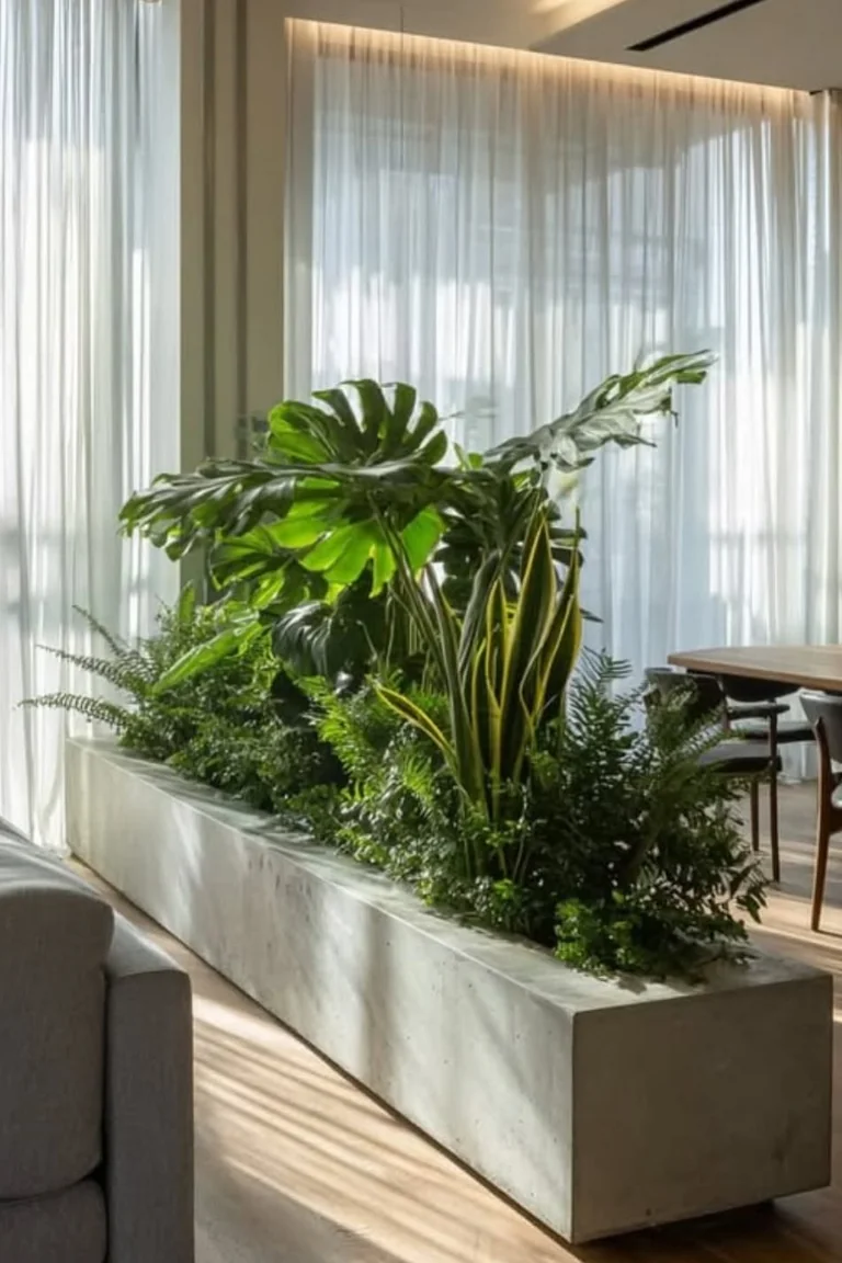 18 Small Kitchen Partition Ideas 13 Long concrete planter filled with lush tropical plants dividing a sofa area from a dining table