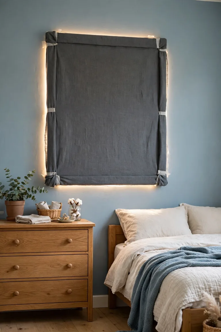 Bedroom window blocked with a dark gray linen-wrapped foam board panel, dusty blue wall, oak dresser, tidy bed