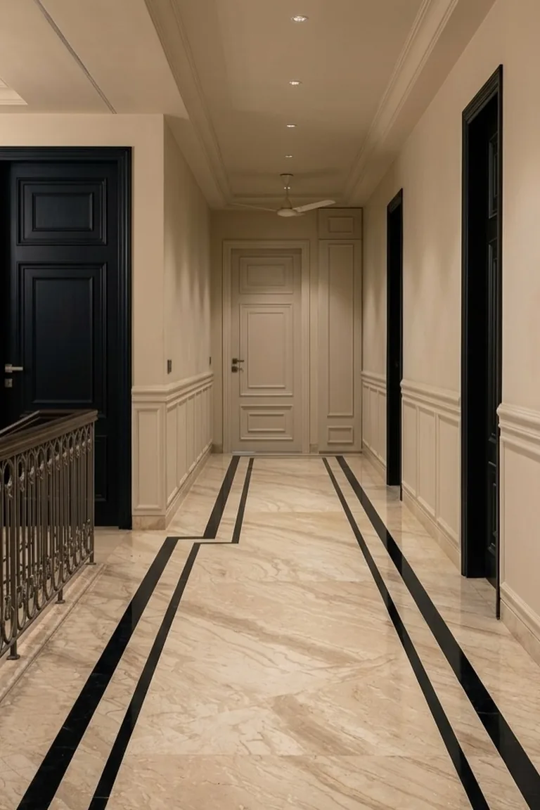 Long hallway with white wainscoting, crown molding, black doors, and marble flooring