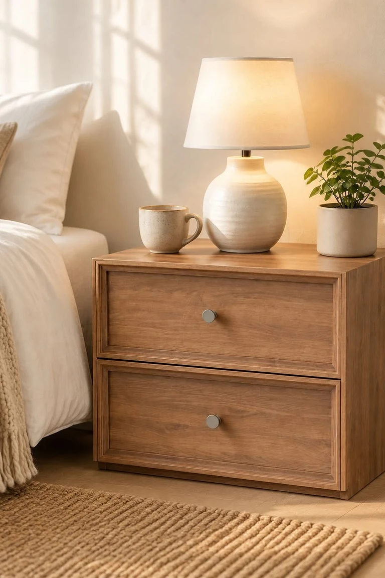 20 Renter-Friendly Bedroom Ideas for a Cozy Space Without Painting 14 Wooden two drawer nightstand with a lamp and a plant beside a bed with white linens