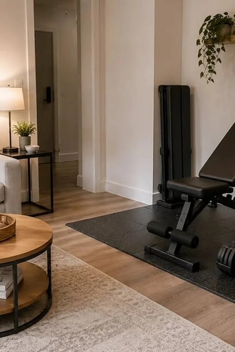A bright small-apartment living room with a freestanding gym corner beside a sofa, including an adjustable bench, a dumbbell tower, kettlebells, a mat, and a basket of resistance bands, with no wall-mounted gear