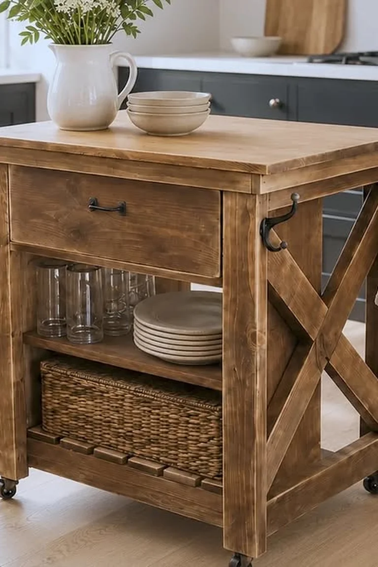 18 Small Kitchen Partition Ideas 14 Wooden rolling kitchen island on casters in an open kitchen with dark cabinets
