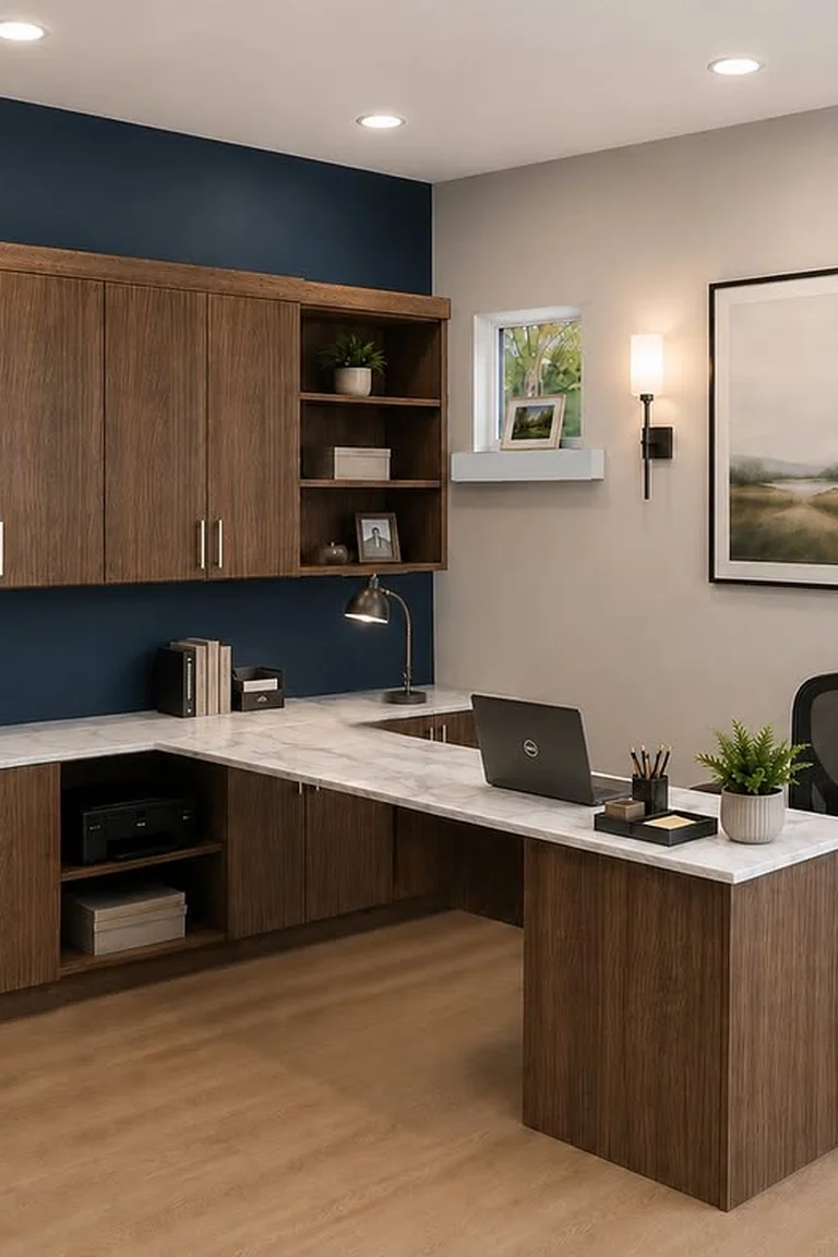 25 Stunning Accent Wall Ideas for Every Room and Style 14 A contemporary home office with a navy blue accent wall and a light neutral wall, an L-shaped desk with a laptop and office chair, dark wood built-in cabinetry, wall sconces, framed art, and wood flooring