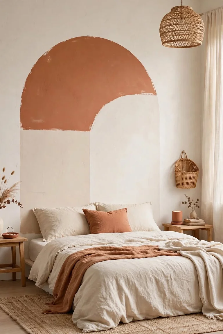25 Stunning Accent Wall Ideas for Every Room and Style 15 Boho bedroom with a large terracotta painted arch on the wall behind a bed dressed in white linen, a terracotta cushion, wooden nightstands, a window and a woven rug