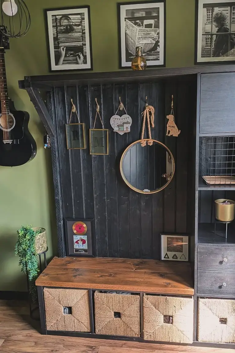 Stunning Kallax Bedroom Transformations You Need to See 15 A black Kallax-based entryway hall tree with a wooden bench, wall hooks, a round mirror, and woven baskets below