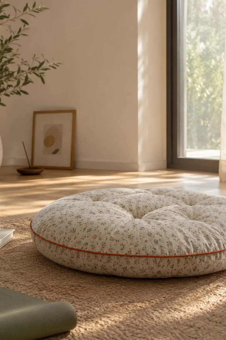Round floor cushion on a jute rug in a sunny corner with a book, a cup, and a plant beside it