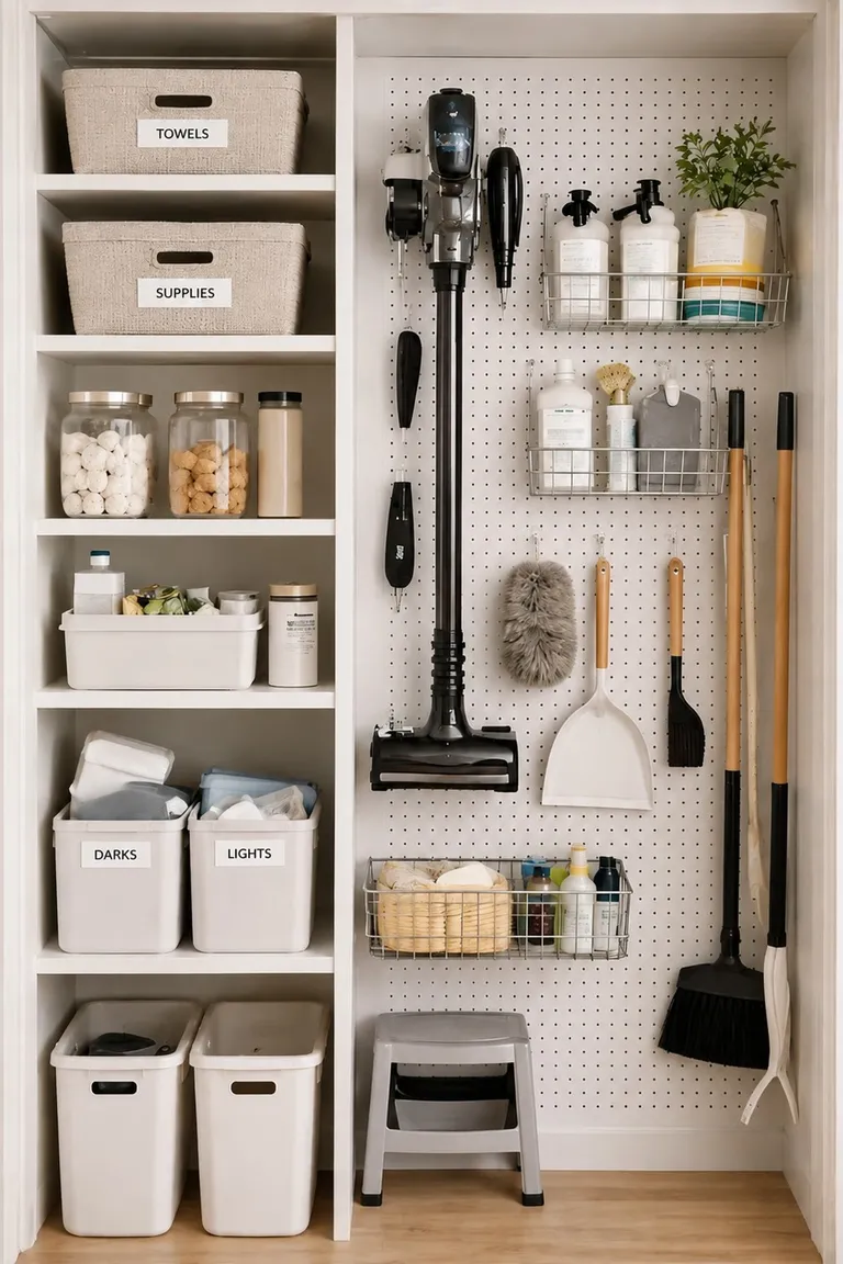 Pegboard wall with hooks, baskets, and spray bottles in a small laundry room
