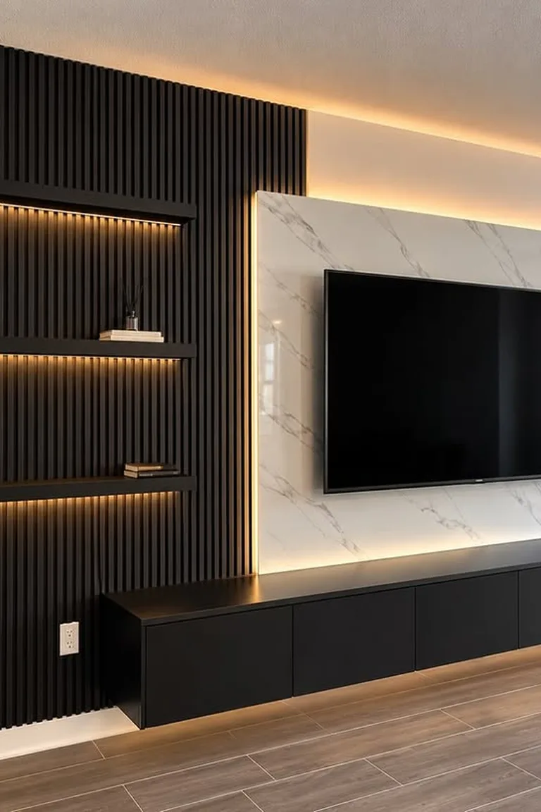 A television mounted on a white marble look panel with warm LED backlighting, beside a black slat wall with lit shelves and a long black console.