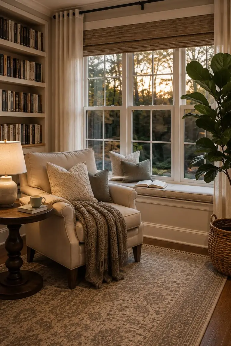 Cream armchair in a corner at dusk with a glowing lamp, a mug on a book, and an open book nearby