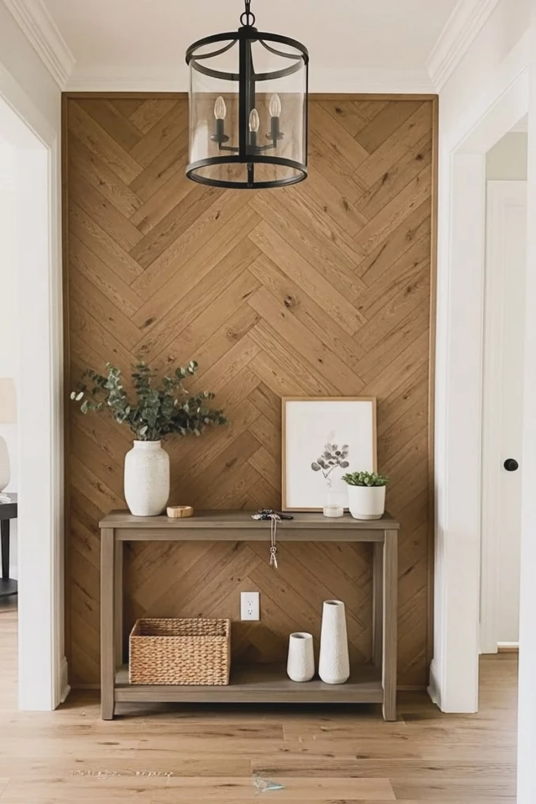 25 Stunning Accent Wall Ideas for Every Room and Style 16 Entryway with a full herringbone pale oak wood accent wall, a grey console table with a white vase, framed botanical print, basket and vases, a black pendant light and wood flooring