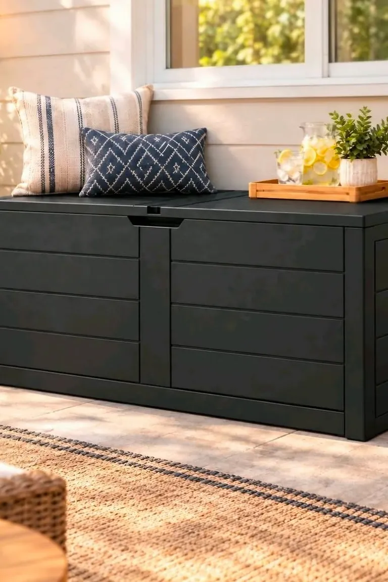 Outdoor storage bench with cushions and a tray along the wall of a small patio