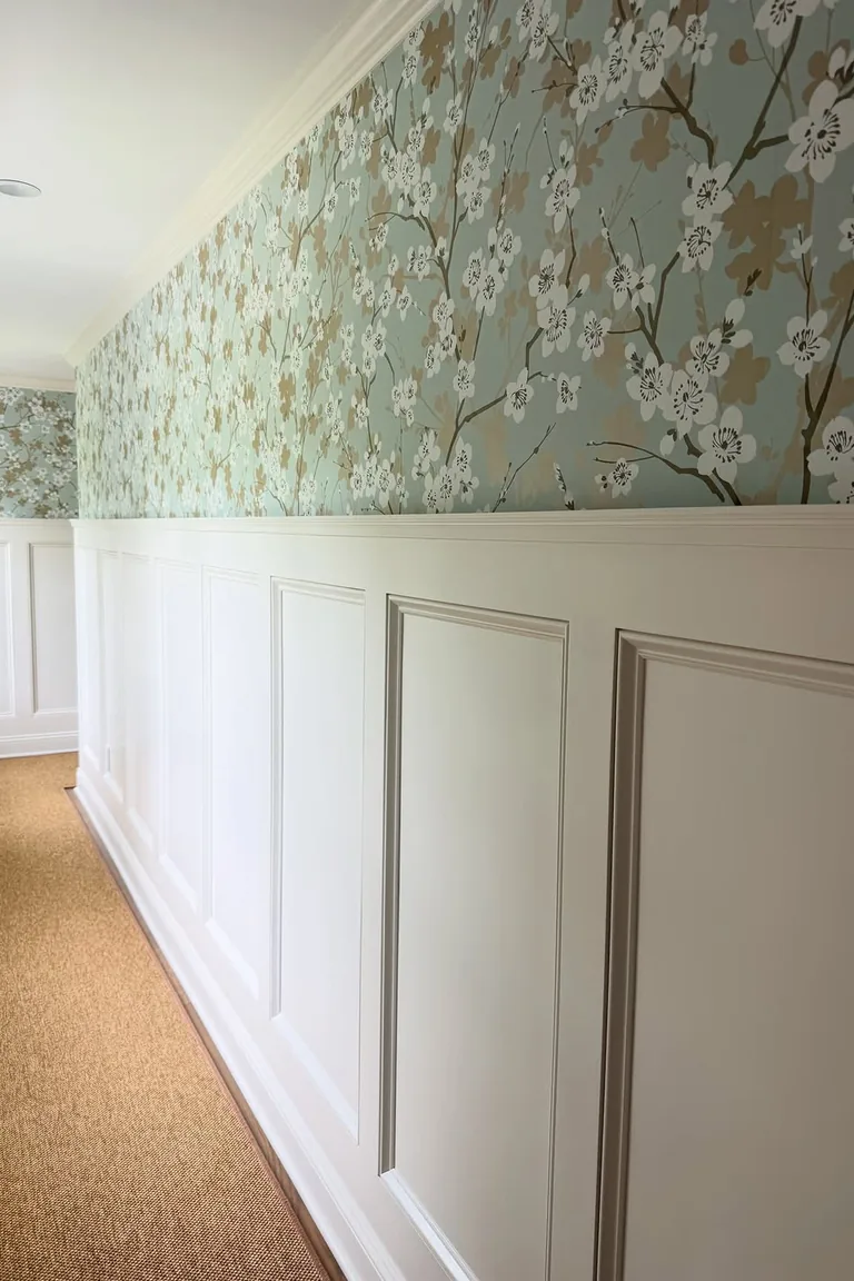 Hallway with cherry blossom wallpaper above white raised panel wainscoting