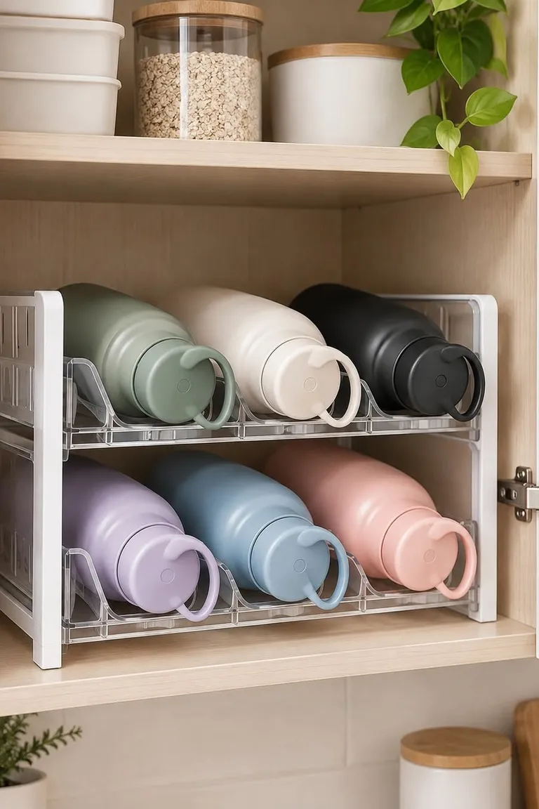 Two tier rack inside a cabinet holding two rows of bottles