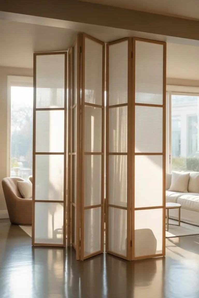 Wooden folding screen with translucent panels standing in a living room, windows and daylight behind it, sofa and armchair nearby