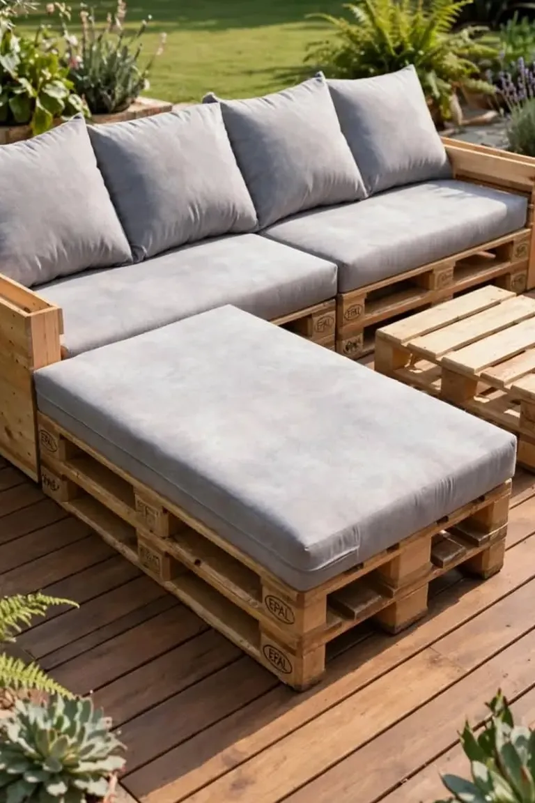 DIY pallet seating with cushions on a small apartment patio