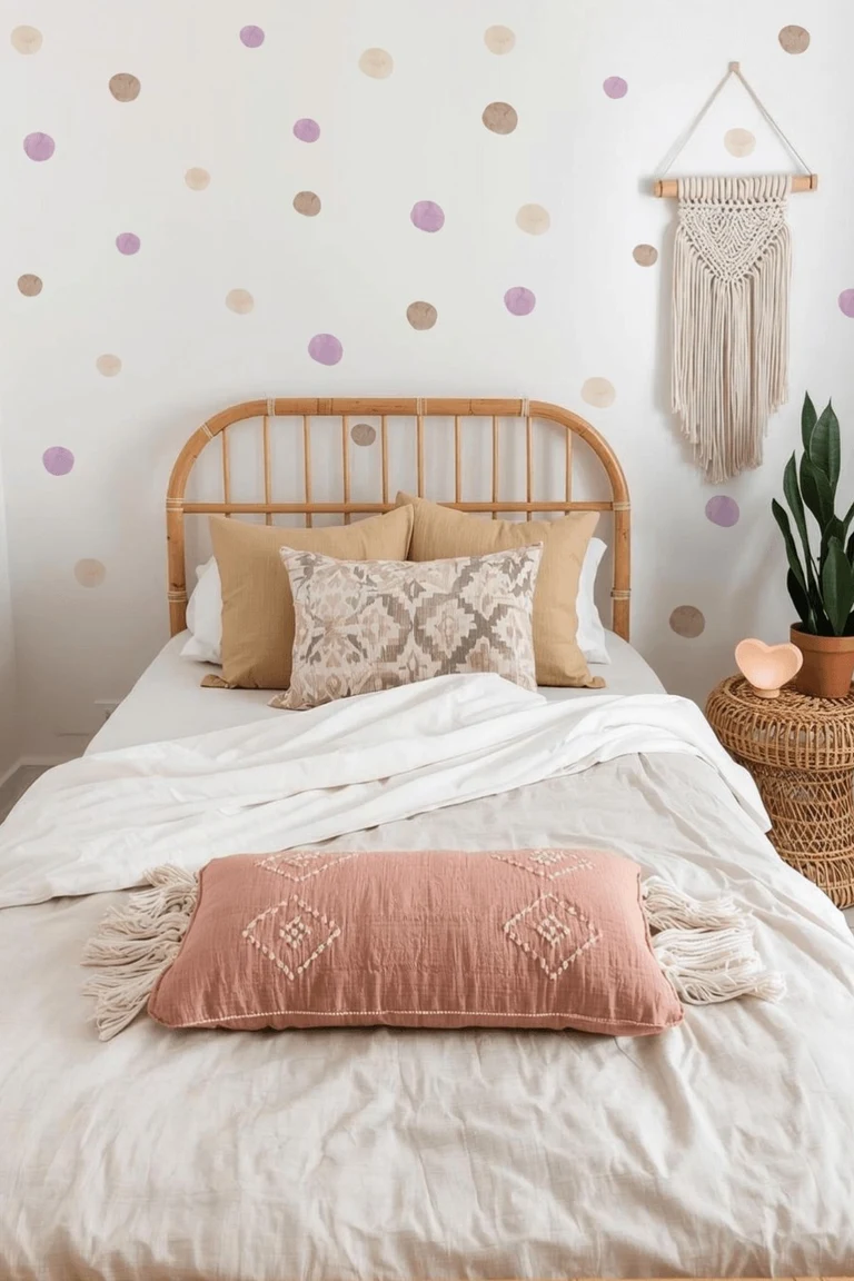 20 Renter-Friendly Bedroom Ideas for a Cozy Space Without Painting 17 Removable dot decals scattered on the white wall above a rattan bed in a boho rental bedroom