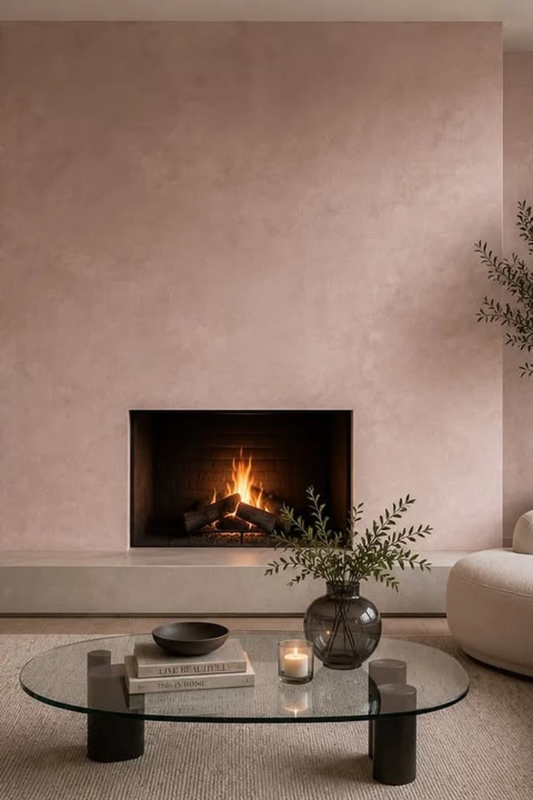 25 Stunning Accent Wall Ideas for Every Room and Style 17 Traditional living room with a powder-toned Venetian plaster fireplace wall, curved beige seating, a lit fireplace and soft natural light