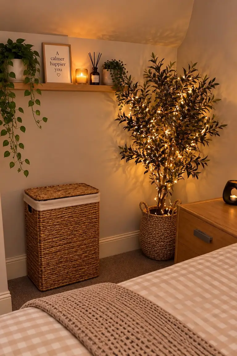 Stunning Kallax Bedroom Transformations You Need to See 18 A bedroom corner with a tall woven wicker laundry hamper beside a bed with gingham bedding, a nightstand, and a lit potted tree