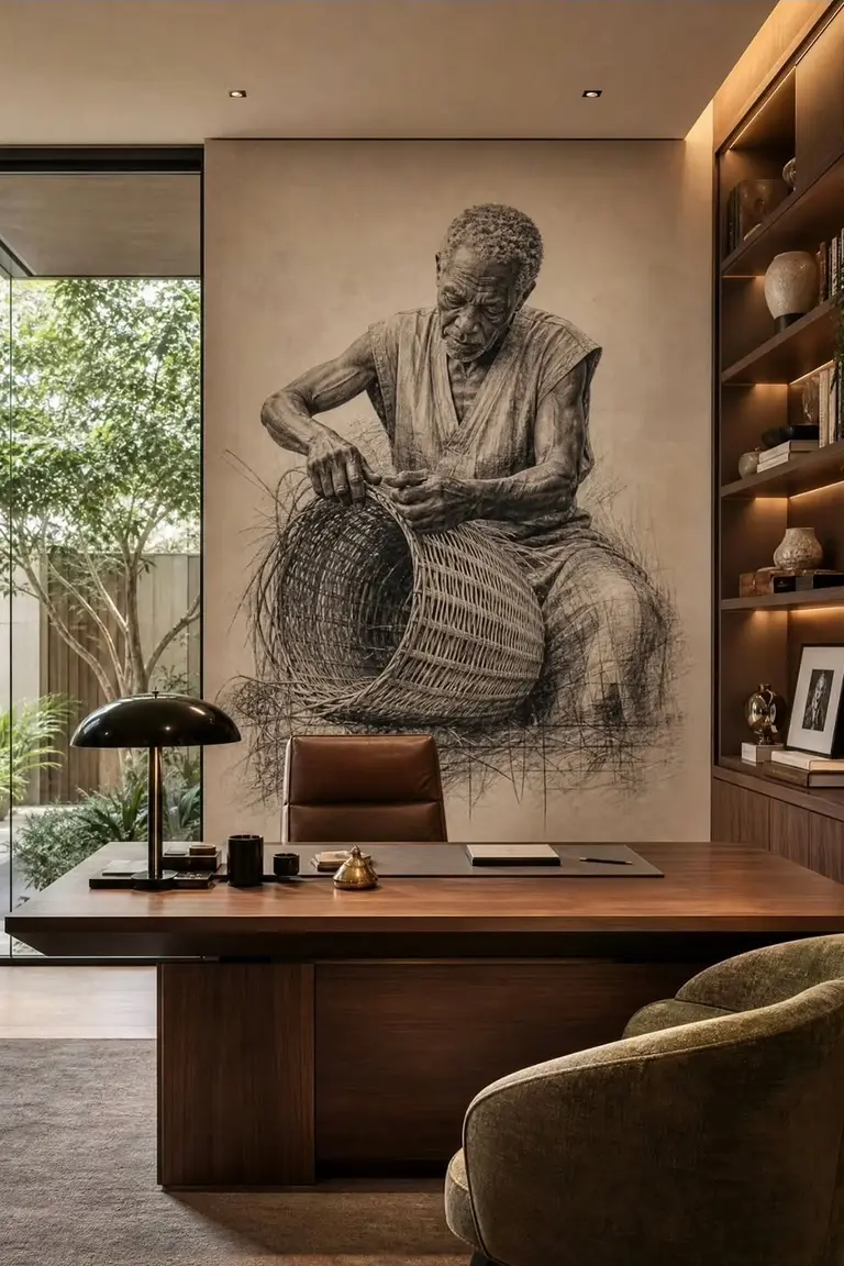 25 Stunning Accent Wall Ideas for Every Room and Style 18 Home office with a large hand-painted mural wall behind a wooden desk, office chair, bookshelf, window and warm lighting