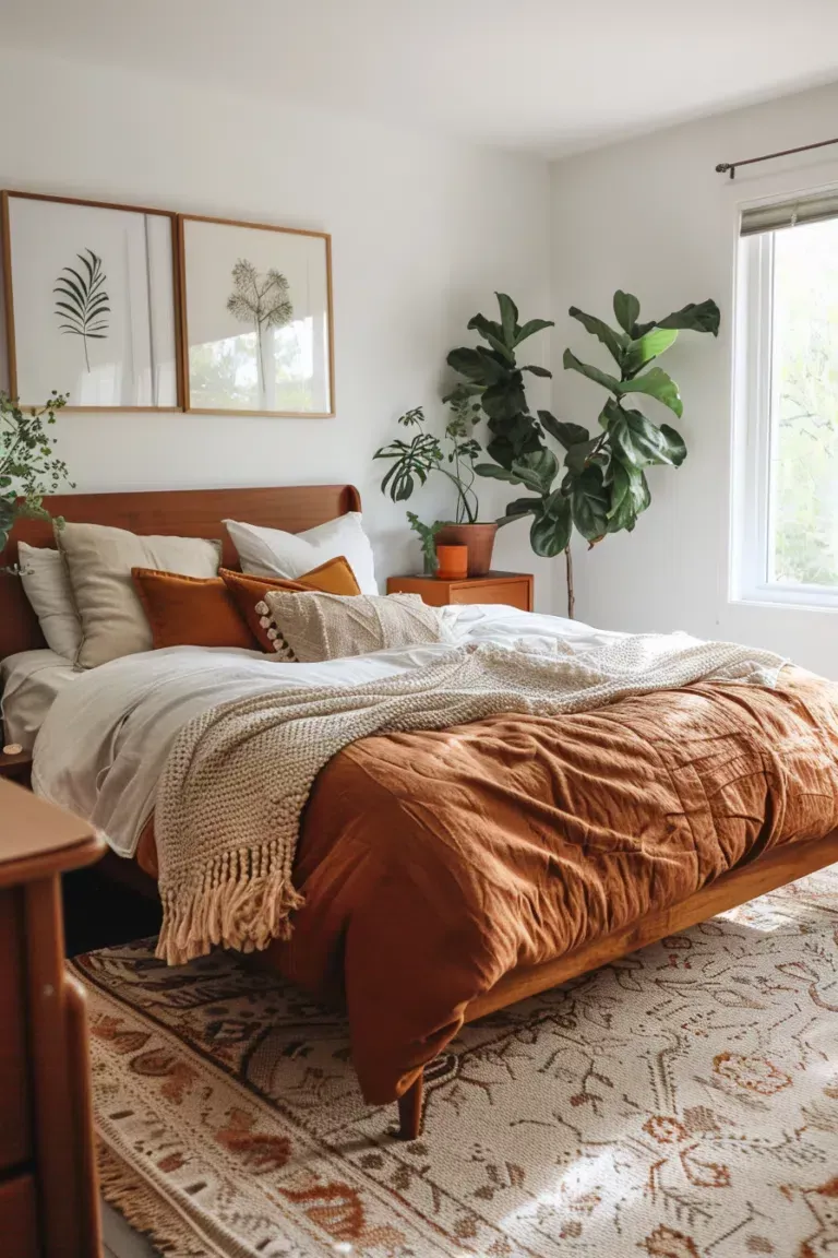 20 Renter-Friendly Bedroom Ideas for a Cozy Space Without Painting 18 Bedroom color palette carried by textiles only, a terracotta duvet and cushions with a beige throw against white walls
