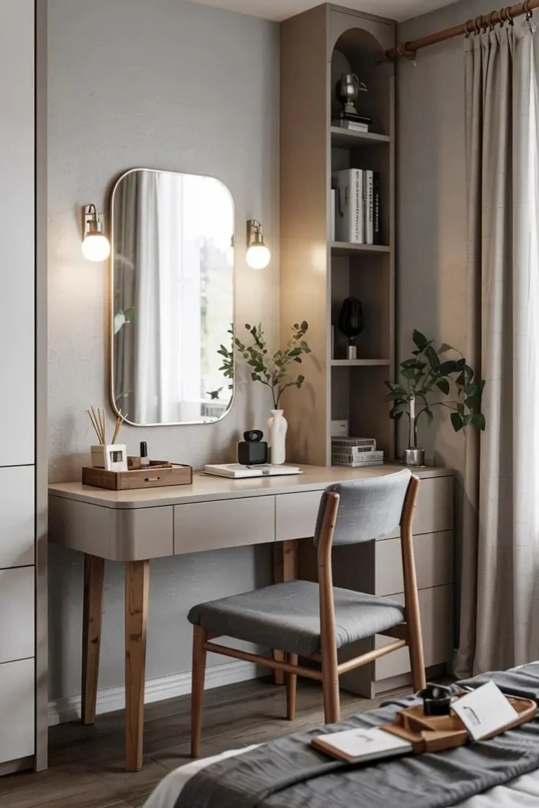 20 Renter-Friendly Bedroom Ideas for a Cozy Space Without Painting 19 Tiny vanity desk zone with a mirror and warm lights inside a rental bedroom