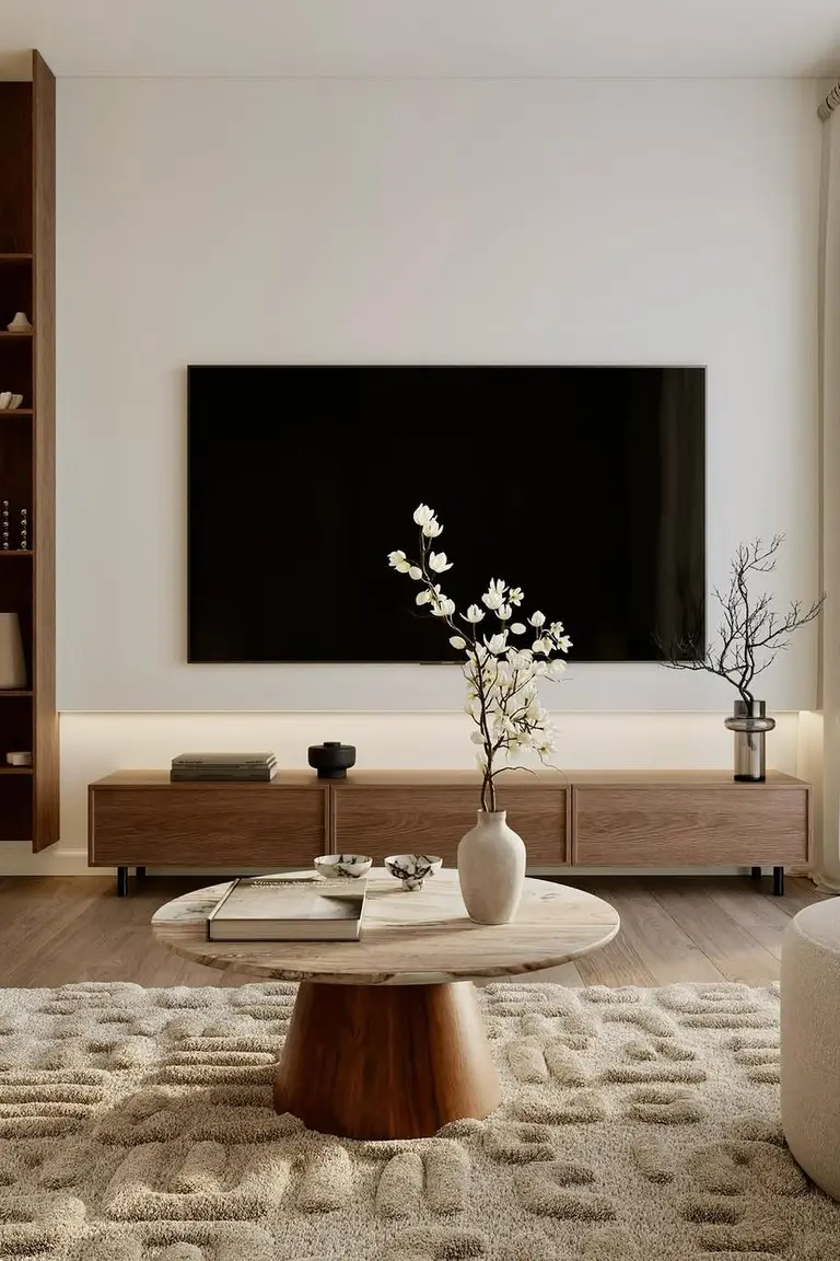 A calm Japandi living room with a very low wooden console beneath a wall mounted television, a round coffee table, and a textured rug.