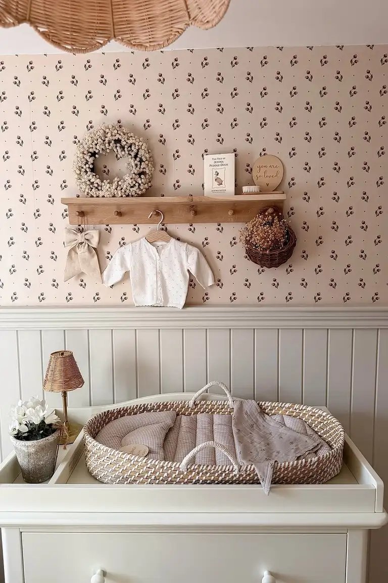Stunning Kallax Bedroom Transformations You Need to See 19 A white nursery changing dresser topped with a woven changing basket, a small lamp, and flowers, under a wall shelf with a baby cardigan