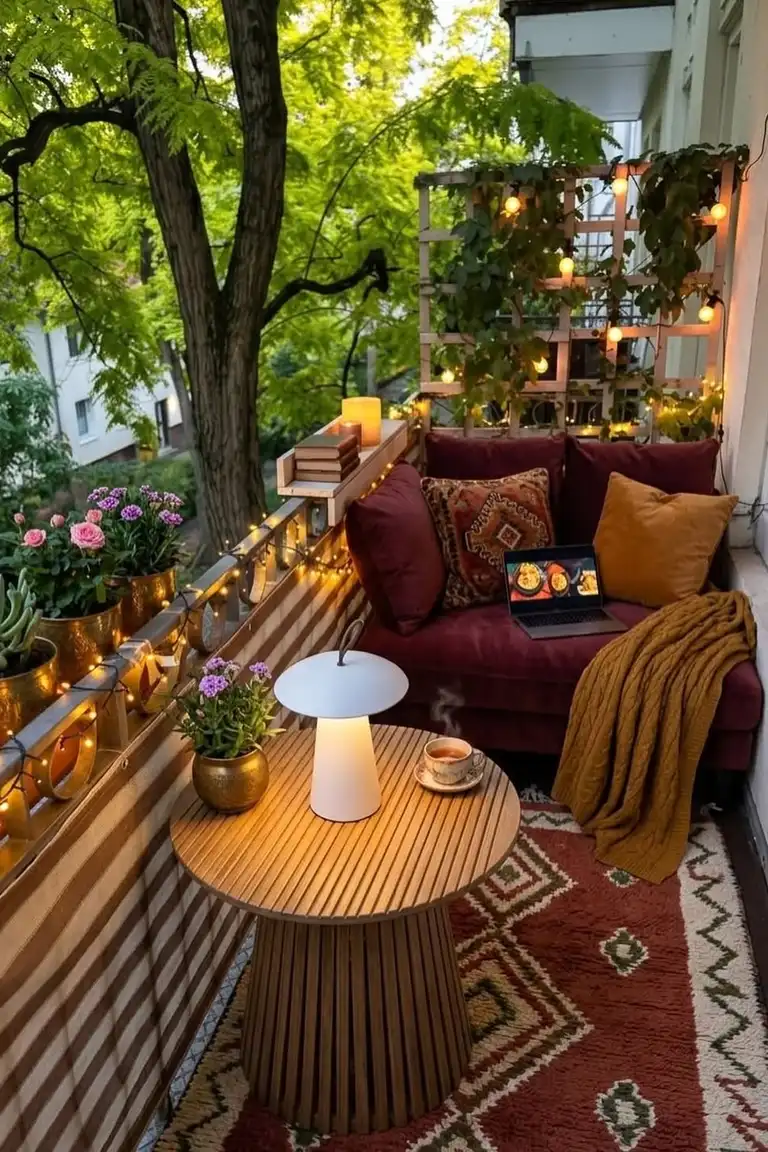 Small apartment patio styled for the season with cushions, a throw, and plants