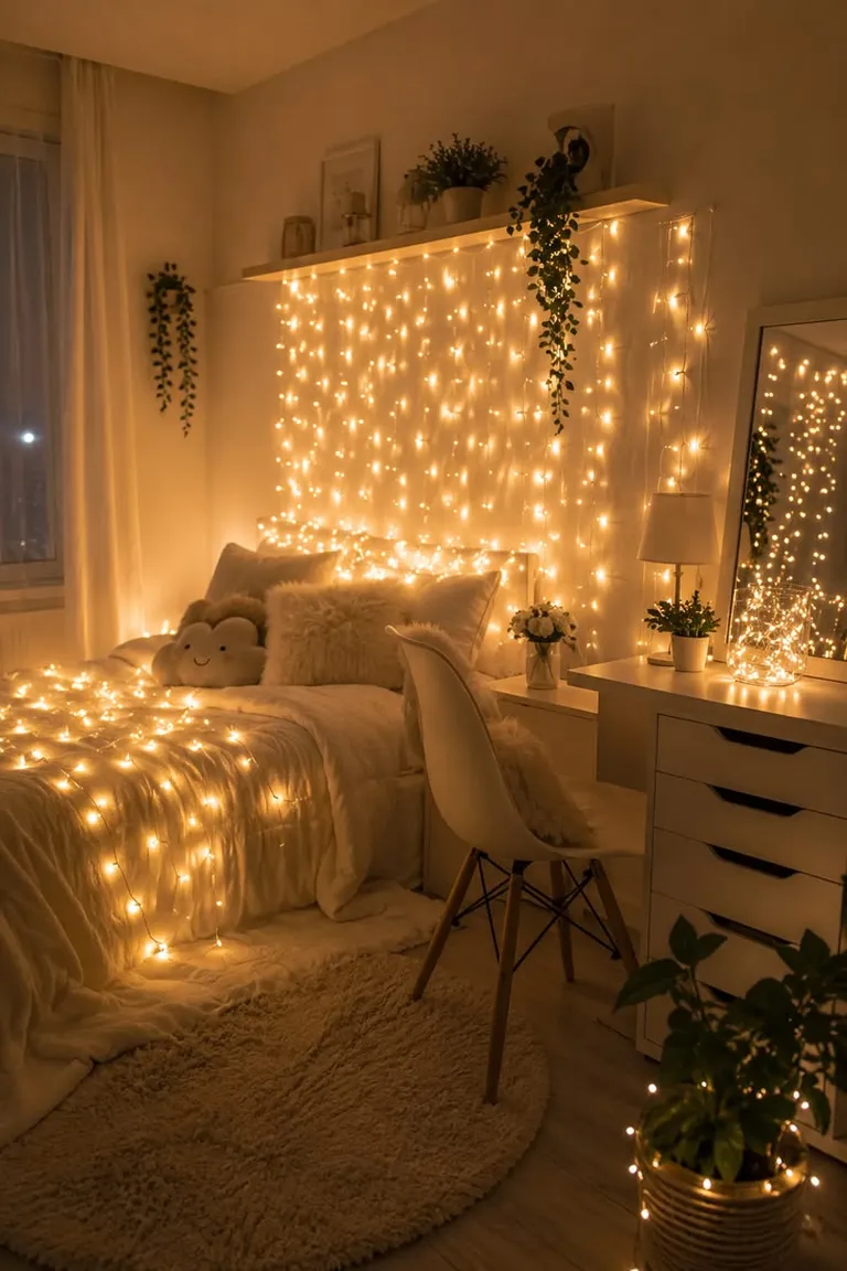 20 Renter-Friendly Bedroom Ideas for a Cozy Space Without Painting 20 Bedroom glowing at night with a curtain of warm fairy lights behind the bed