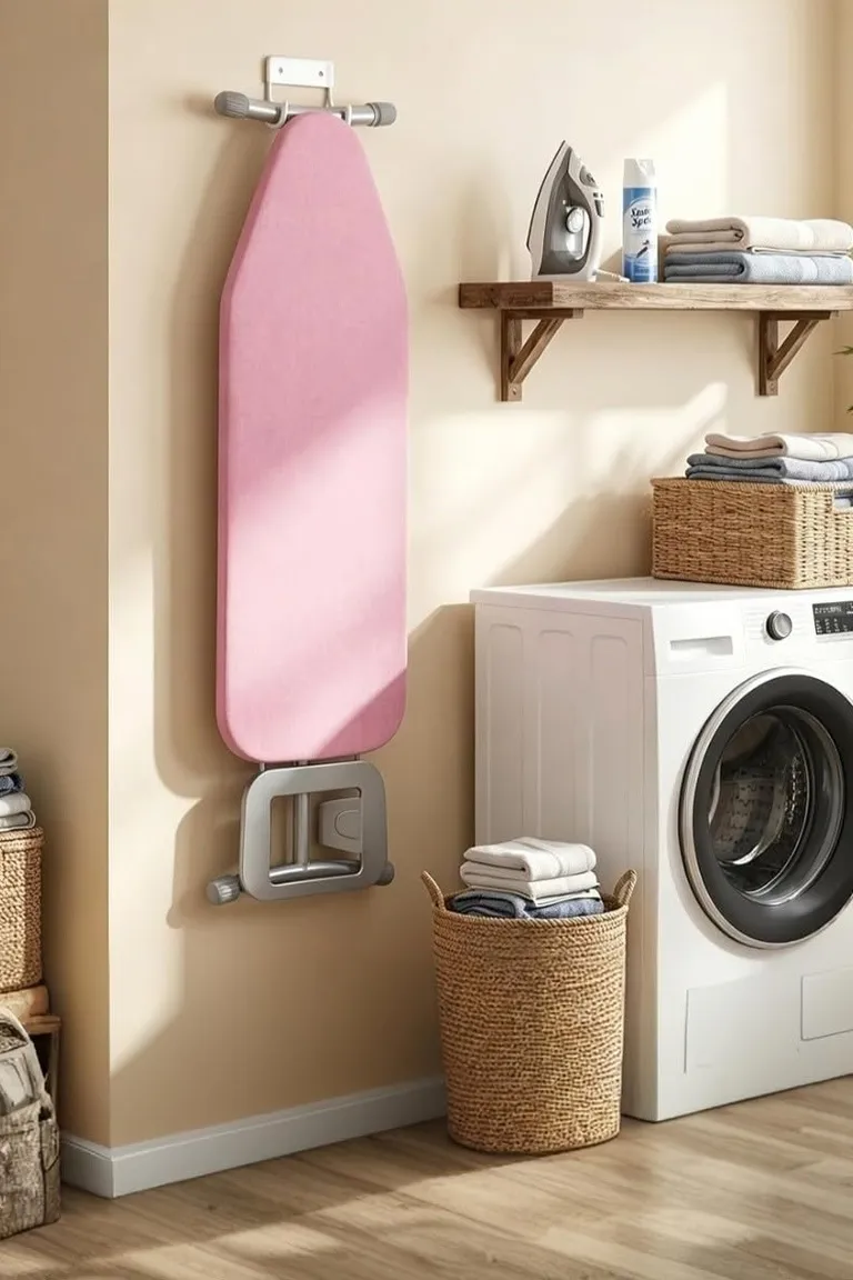 Ironing board hanging flat on a wall hook in a laundry room