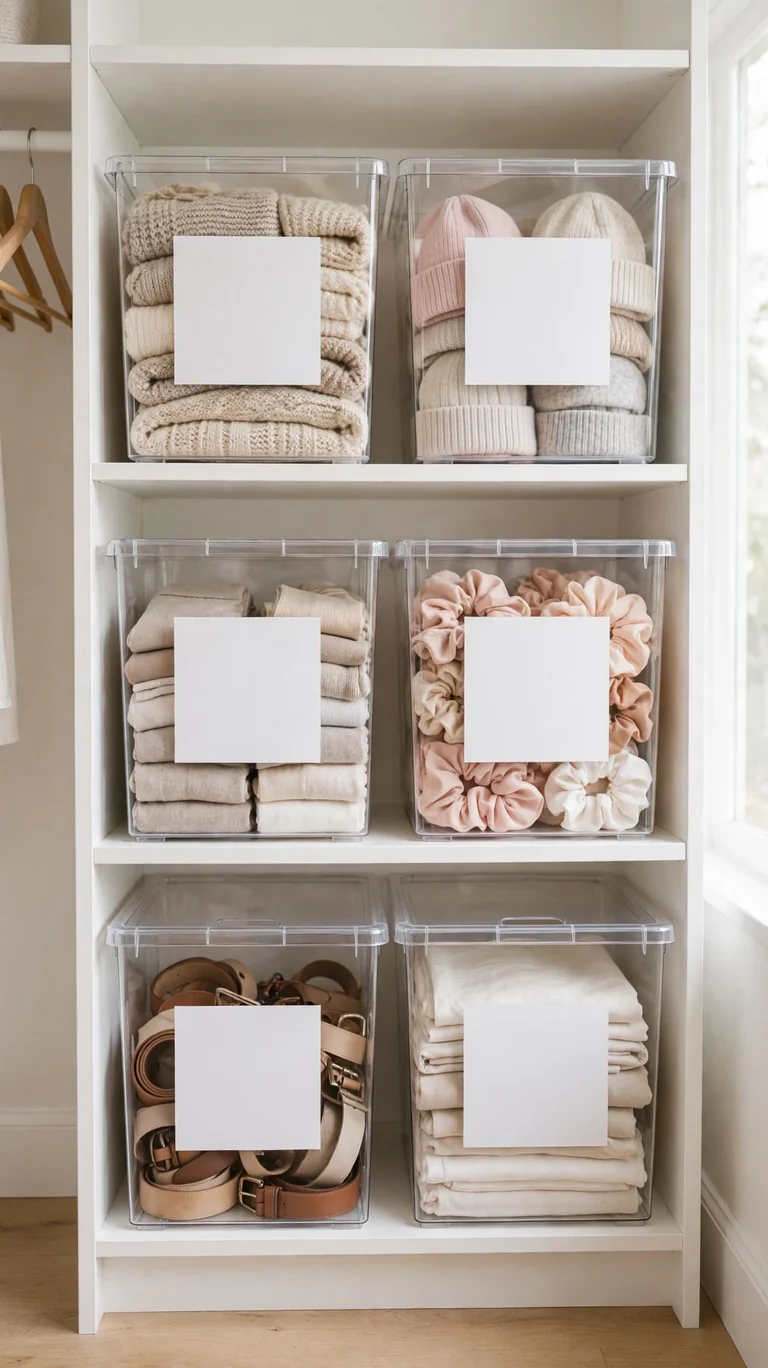 Clear storage bins with big bold labels neatly arranged on white shelves.