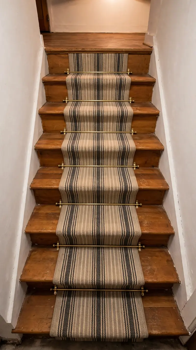 Patterned stair runner carpet installed down the center of wooden basement stairs.