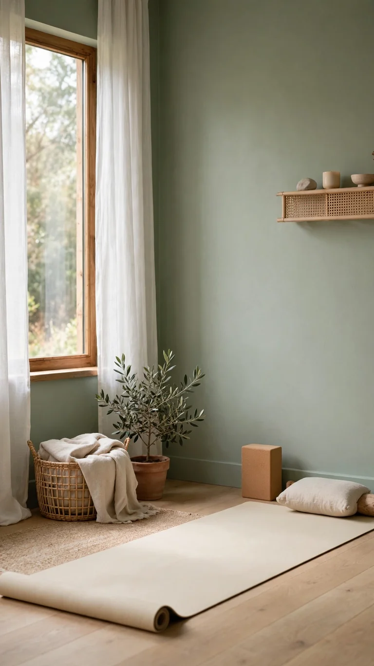14 Inspiring Yoga Room Ideas for a Peaceful Home Retreat 3 Yoga room with soft sage green walls, a cream yoga mat, and minimal decor for a calm restful atmosphere.