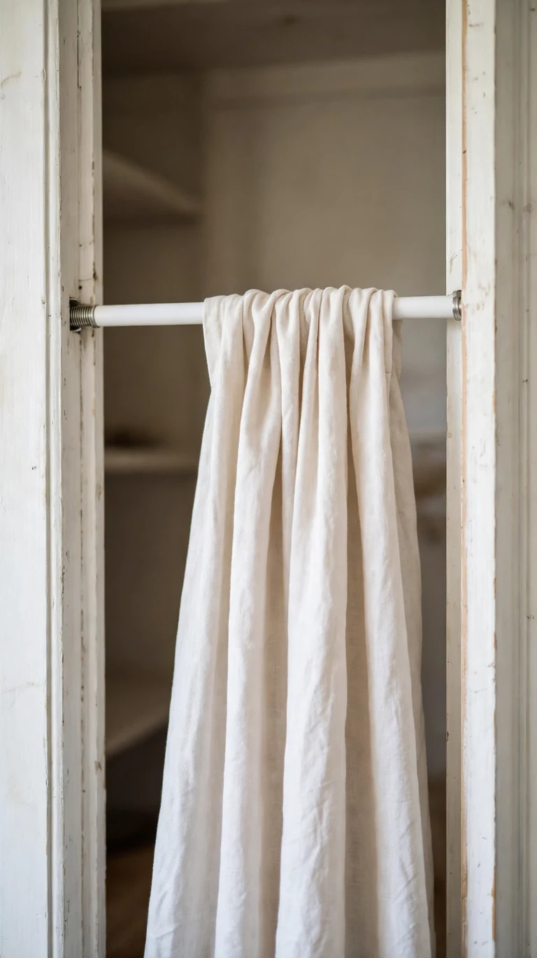 22 Creative Closet Curtain Ideas for a Stylish, Space-Saving Upgrade 3 Close-up of a white tension rod fitted inside a closet door frame holding a light cotton curtain panel.