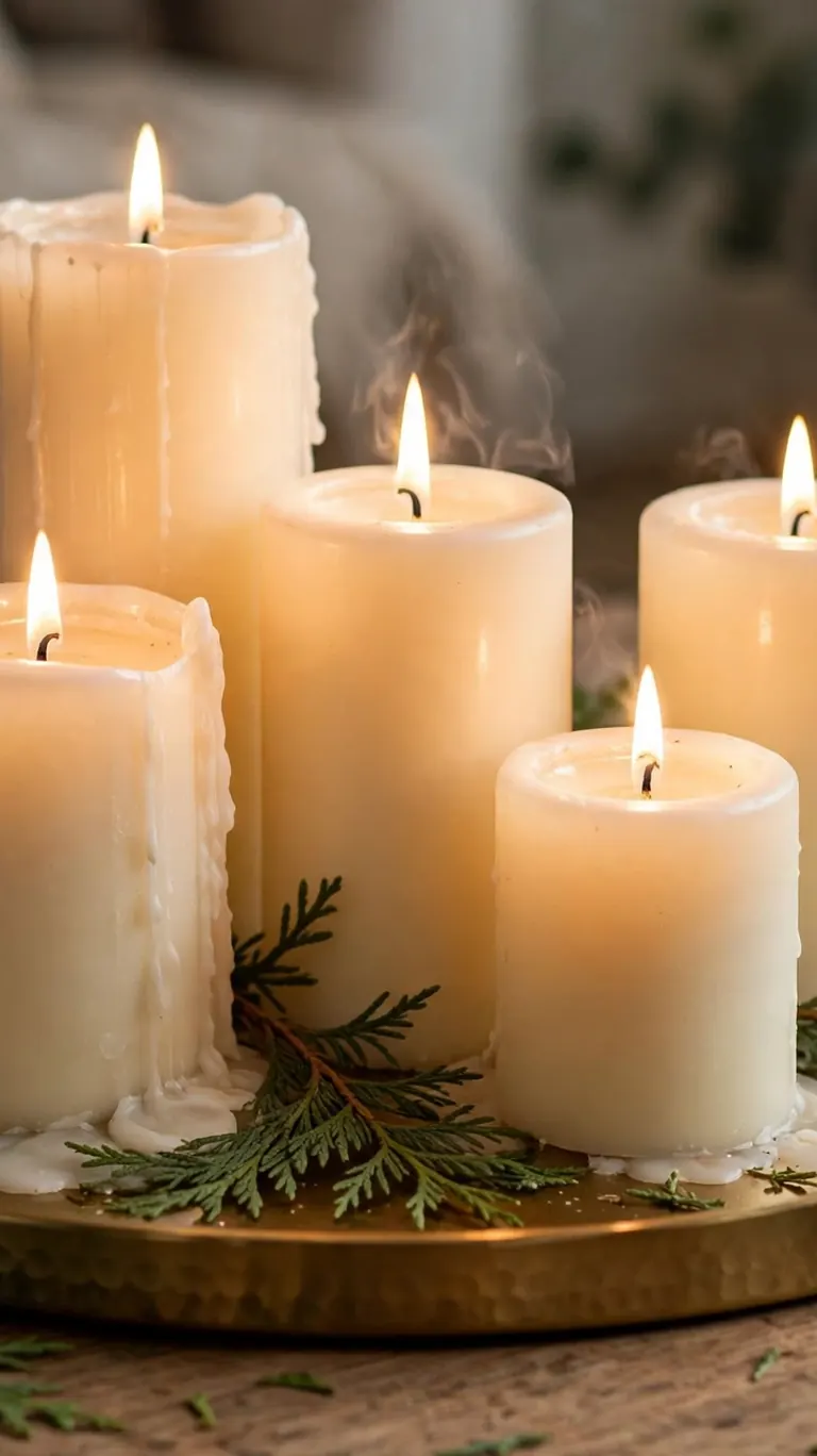 Cluster of ivory pillar candles in varying heights on a round tray with cedar sprigs on a coffee table.