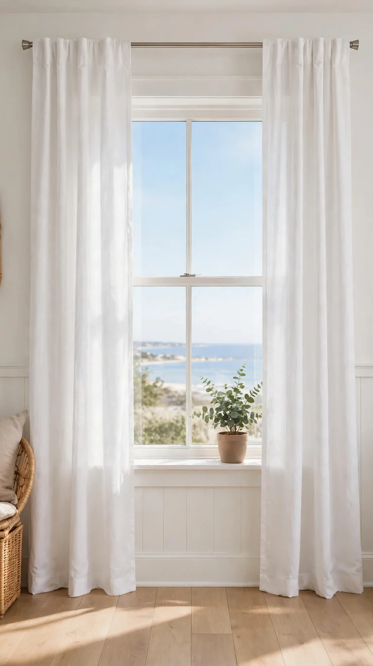 Crisp white cotton curtain panels on a slim rod framing a sunny coastal living room window.