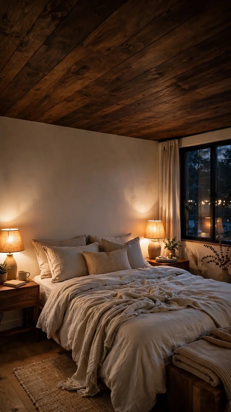 Cozy bedroom with a dark walnut-stained plywood ceiling and glowing bedside lamps.