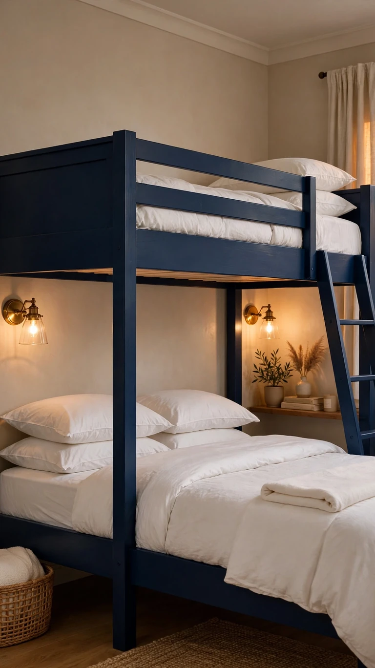 Bunk bed frame painted deep navy blue with brass wall sconces and white bedding in a cozy bedroom.